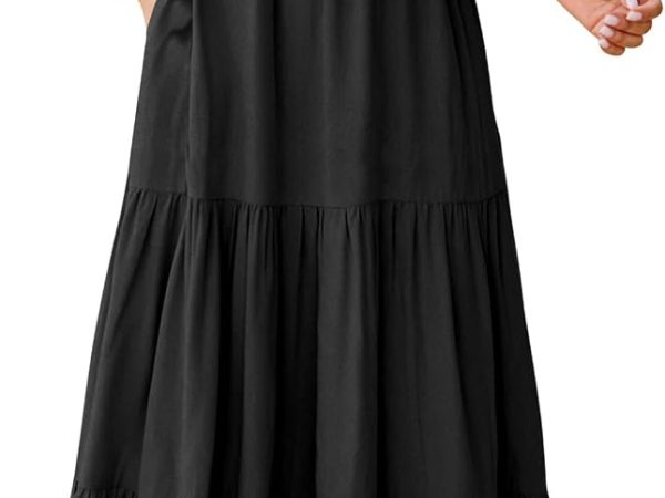 Womens Summer Casual Maxi Dress V Neck Ruffle Sleeve Long Dresses Fashion Flowy Tiered Boho Beach Vacation Sundress