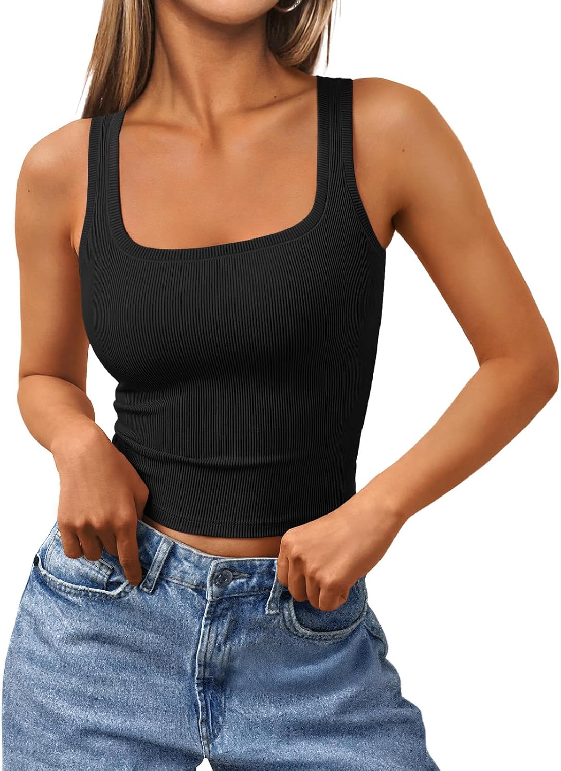 Women's Square Neck Cropped Ribbed Tank Tops Summer Sleeveless Clothes