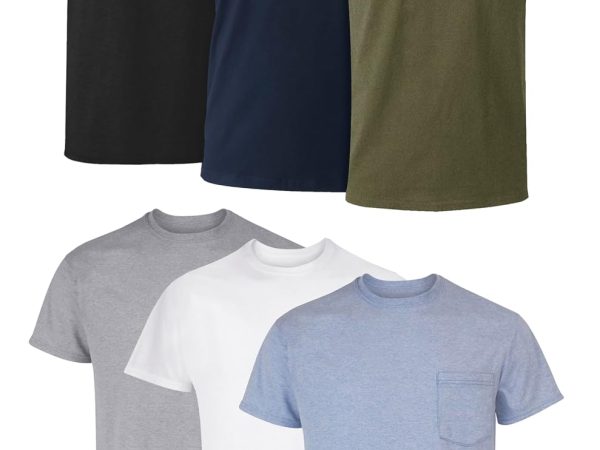Men's Cotton Pocket T Shirt, Moisture Wicking with Odor Control, Assorted, 6 Pack