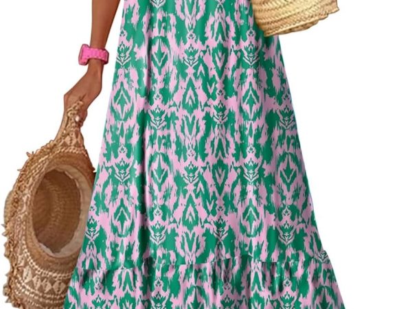 Women Summer Dresses  Spaghetti Strap Scoop Neck Smocked Ruffle Flowy Boho Maxi Dress