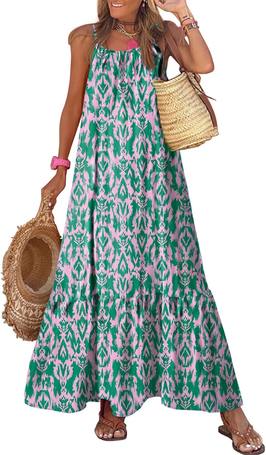 Women Summer Dresses Spaghetti Strap Scoop Neck Smocked Ruffle Flowy Boho Maxi Dress