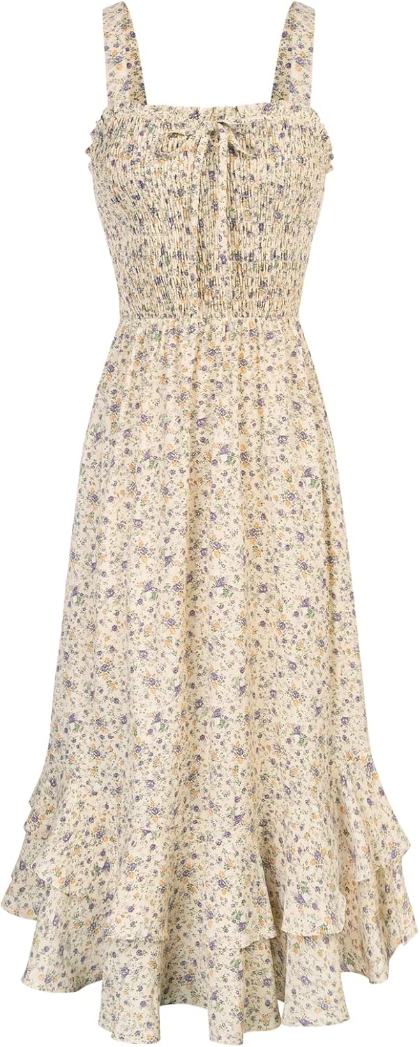 Women's Summer Floral Boho Dress Square Neck Strapped Swing A Line Sundress Beach Long Maxi Outfits