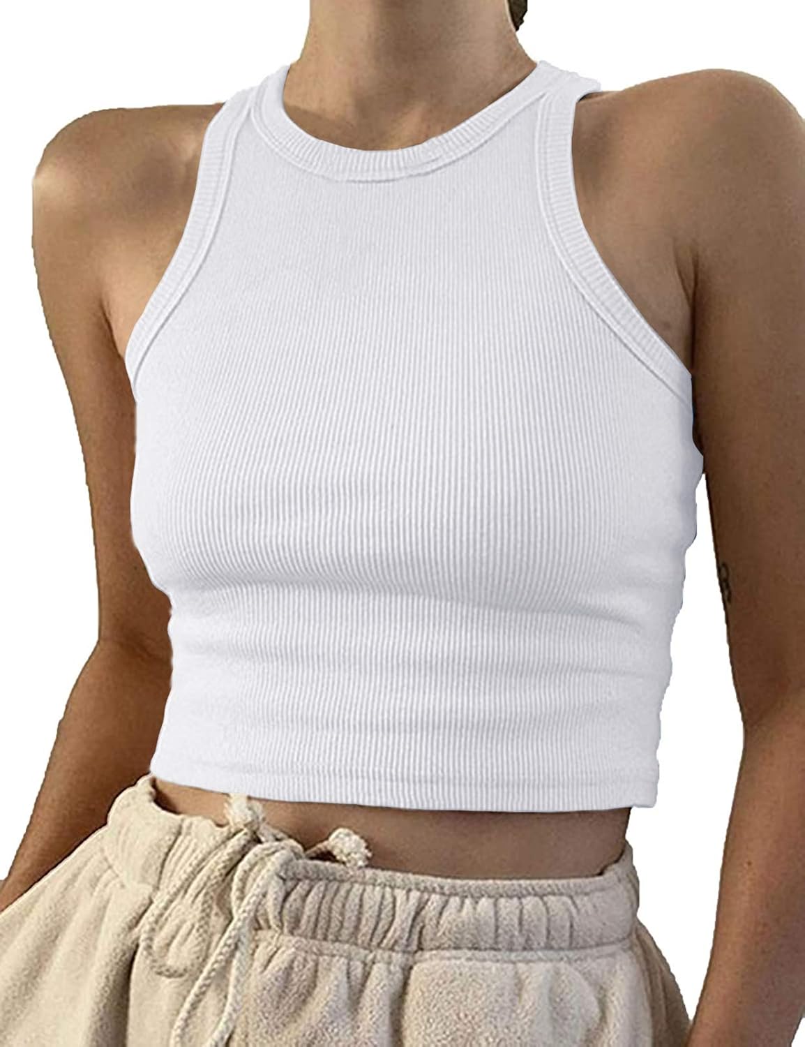 Women Casual Basic Sleeveless High Neck Rib Knit Y2k Crop Tank Top