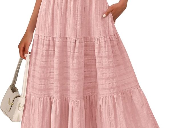 Women's  Spring Boho Spaghetti Strap Dress Casual Sleeveless Smocked A Line Beach Sundress Long Maxi Dresses