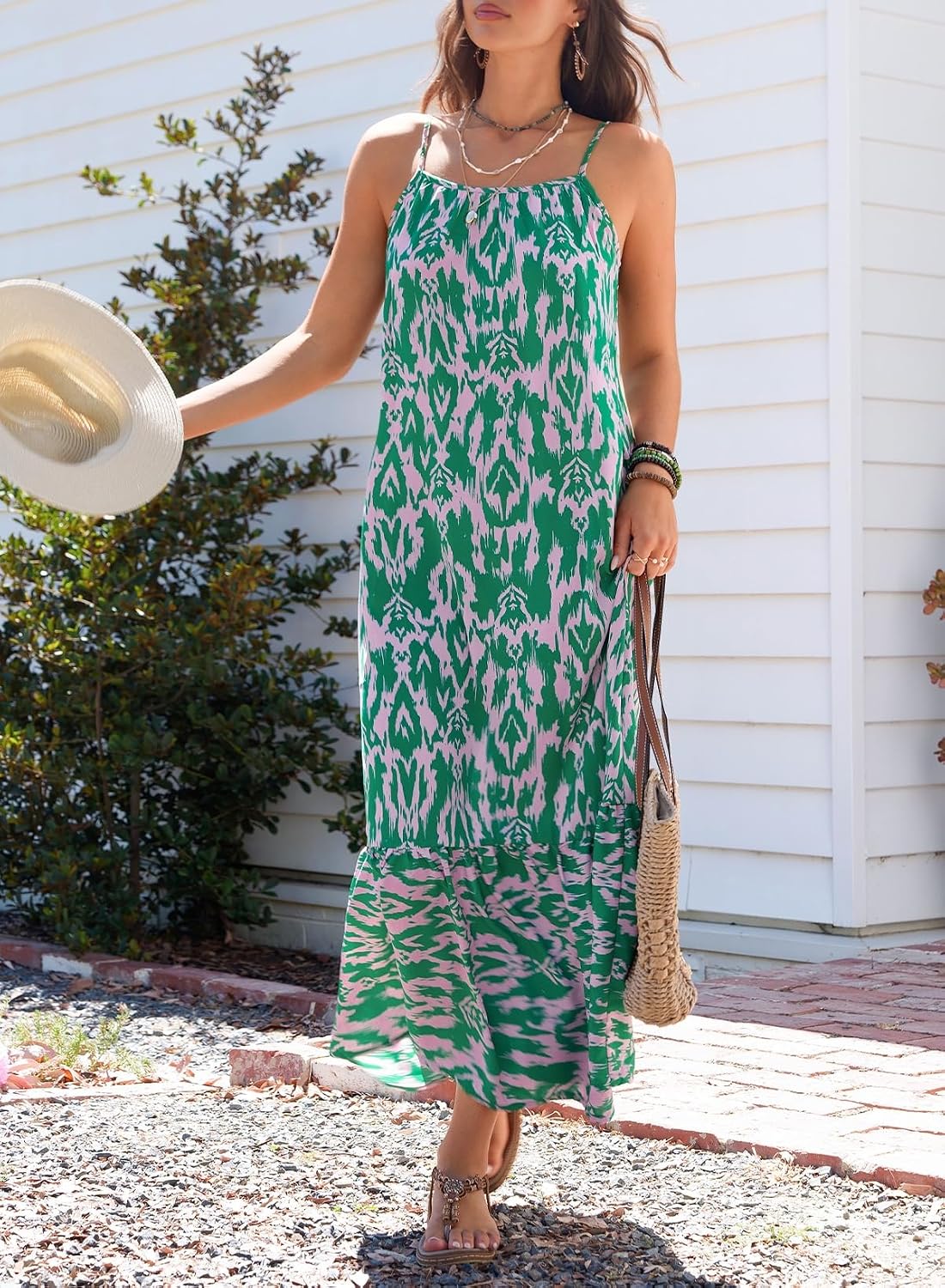 Women Summer Dresses Spaghetti Strap Scoop Neck Smocked Ruffle Flowy Boho Maxi Dress Image 2