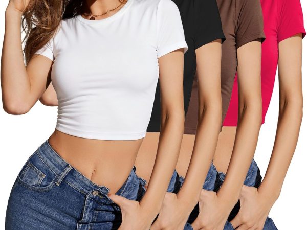 Women's Multi Pack Short Sleeve T Shirt   Basic Slim Fit Knit Crop Tops