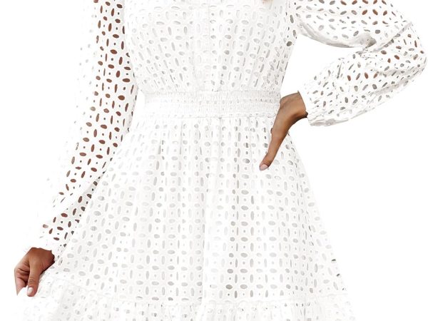 Women's  Long Sleeve Mini Dress Fall V Neck Hollow Out Eyelet Embroidery Ruffle A Line Swing Short Dresses