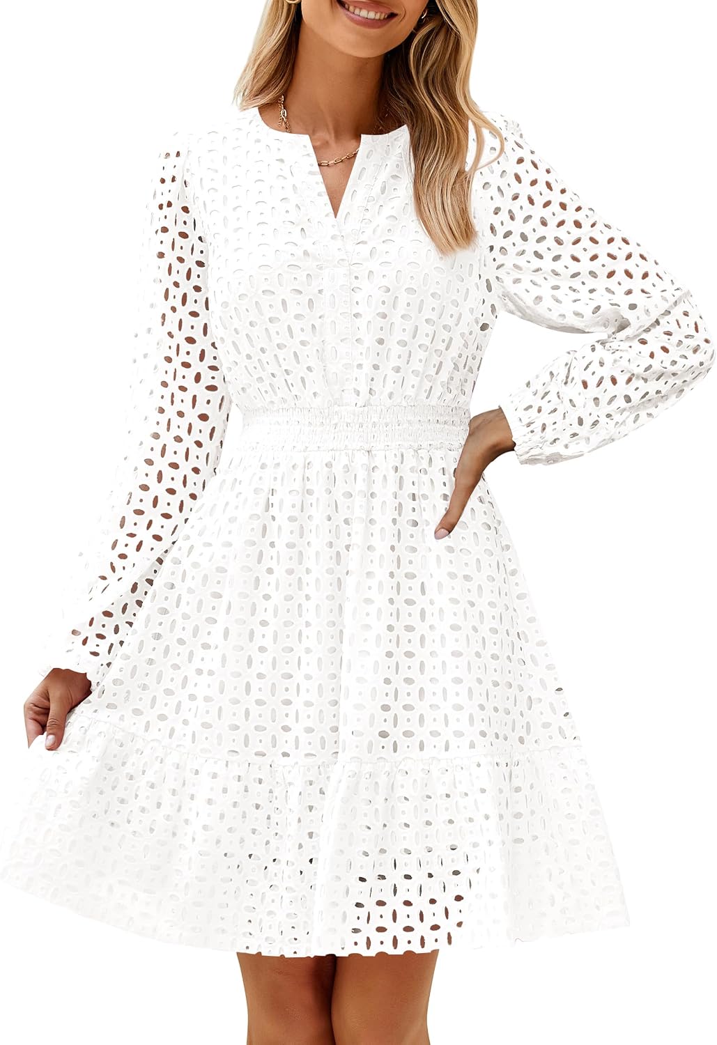 Women's Long Sleeve Mini Dress Fall V Neck Hollow Out Eyelet Embroidery Ruffle A Line Swing Short Dresses